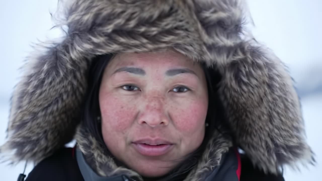 A woman with a fur-lined hood stands against a snowy backdrop. Her expression reflects strength and determination in the harsh winter environment.