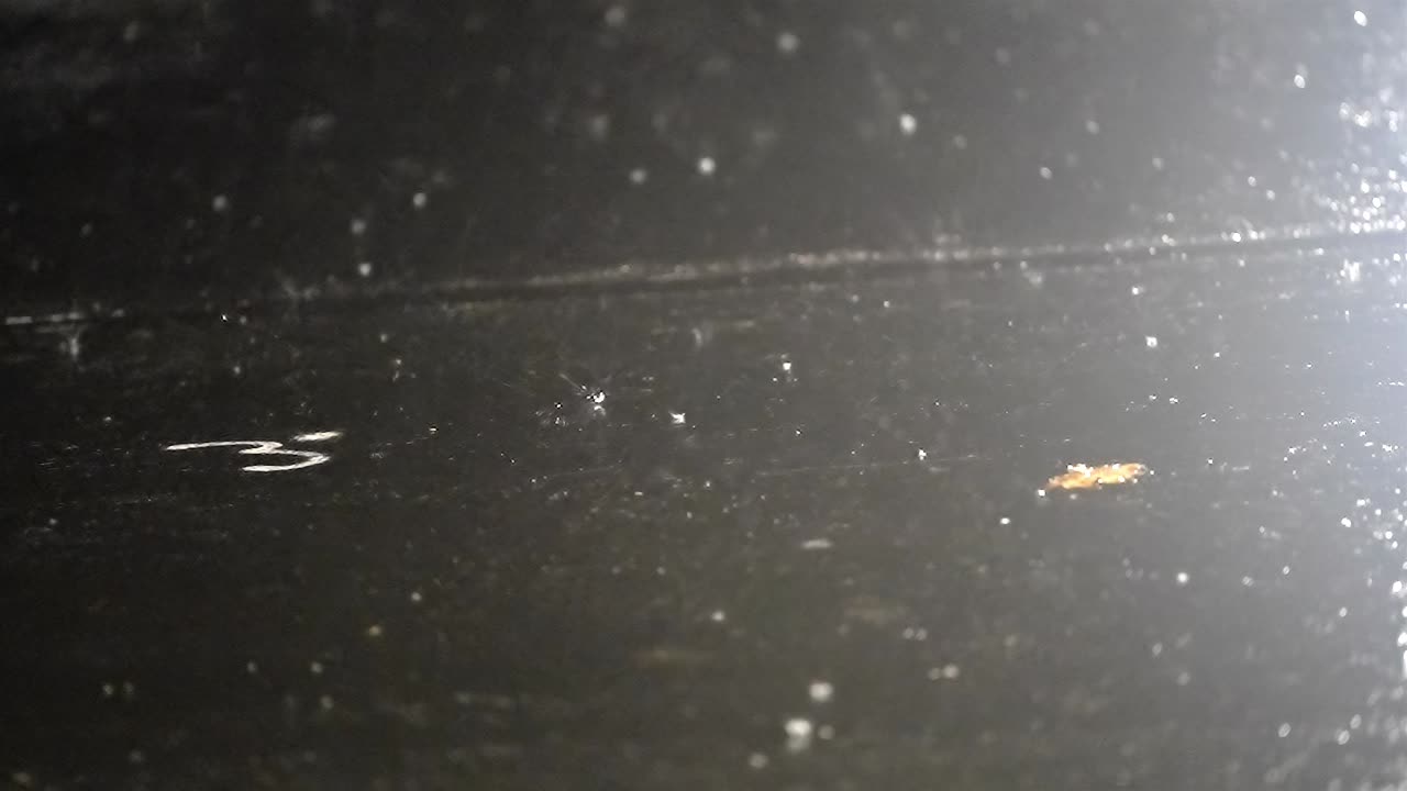 Raindrops falling on a lit street at night, slow motion.