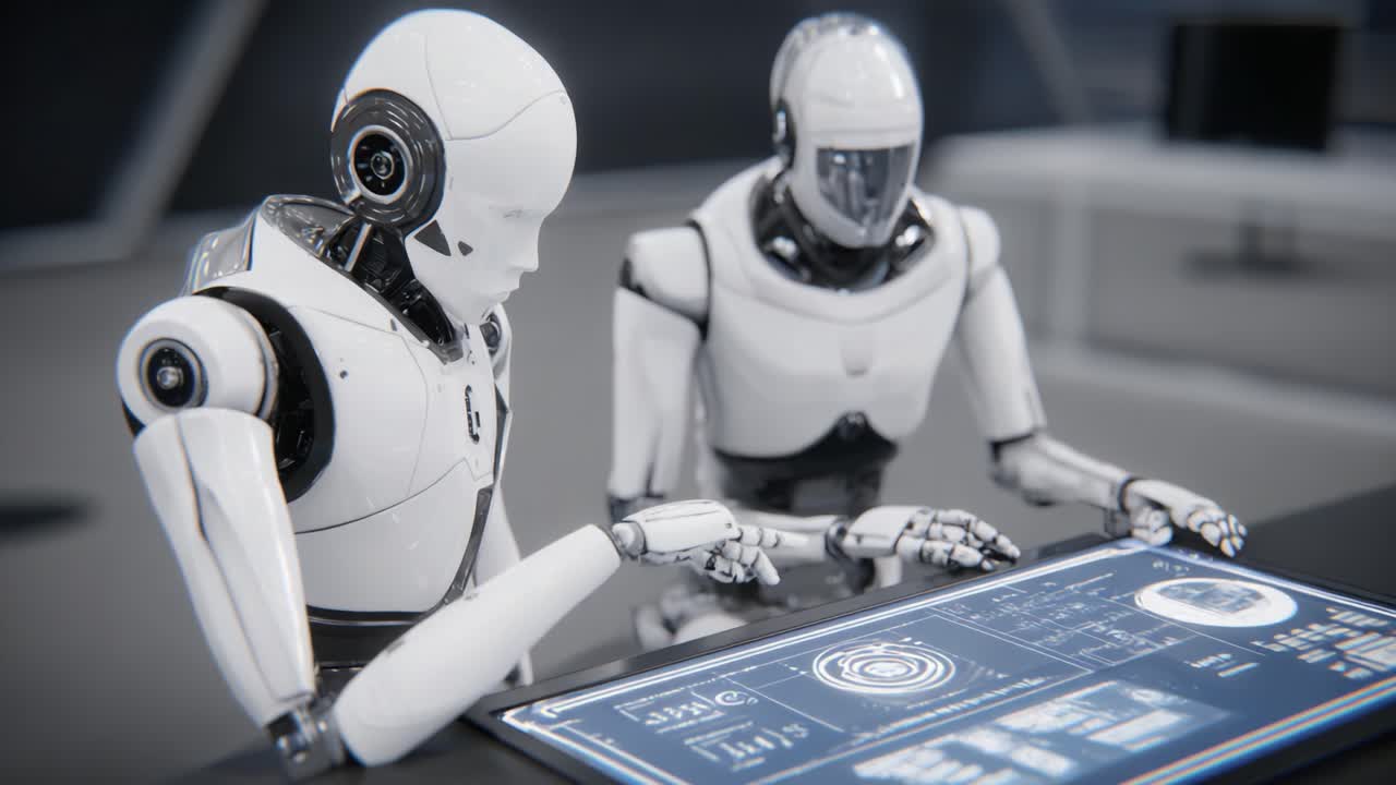 Futuristic Robotics: Two Advanced Humanoid Robots Interacting with a High-Tech Interface in a Sleek Digital Environment
