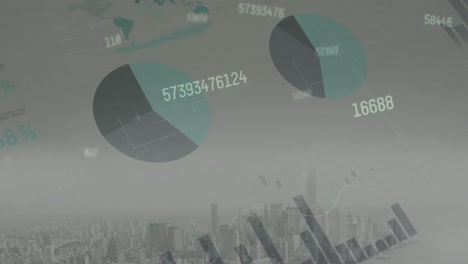 animation of financial data processing over cityscape