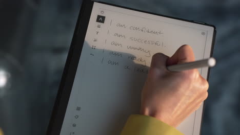 mujer escribiendo afirmaciones en un cuaderno de tableta digital, escribiendo un diario