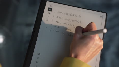 woman writing affirmations on a digital tablet notebook, journaling