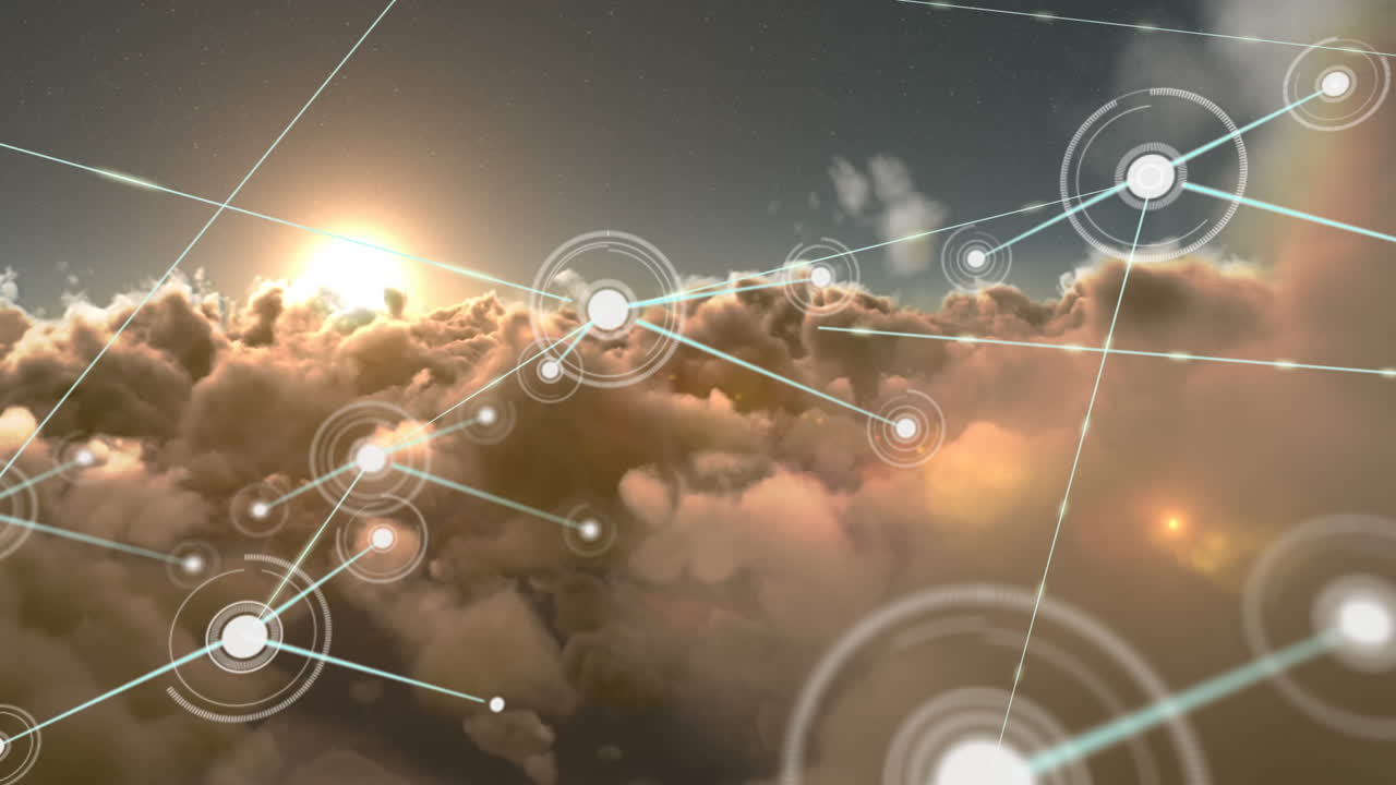 구름이 있는 하늘 위의 아이콘으로 연결된 네트워크의 애니메이션