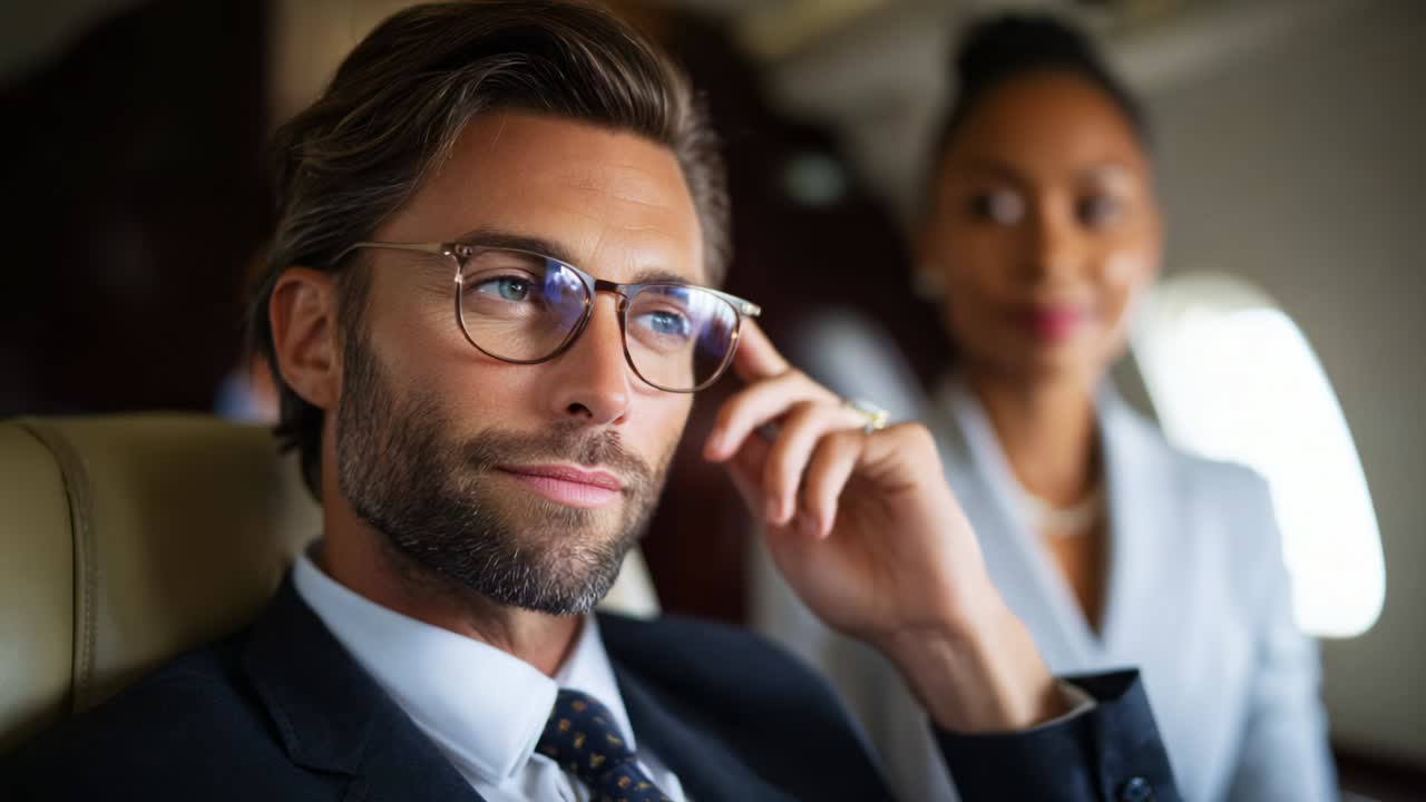 Een zakenman in diepe gedachten tijdens een privévlucht, vergezeld door een attente stewardess, die de luxueuze ervaring en de gefocuste sfeer in de cabine laat zien