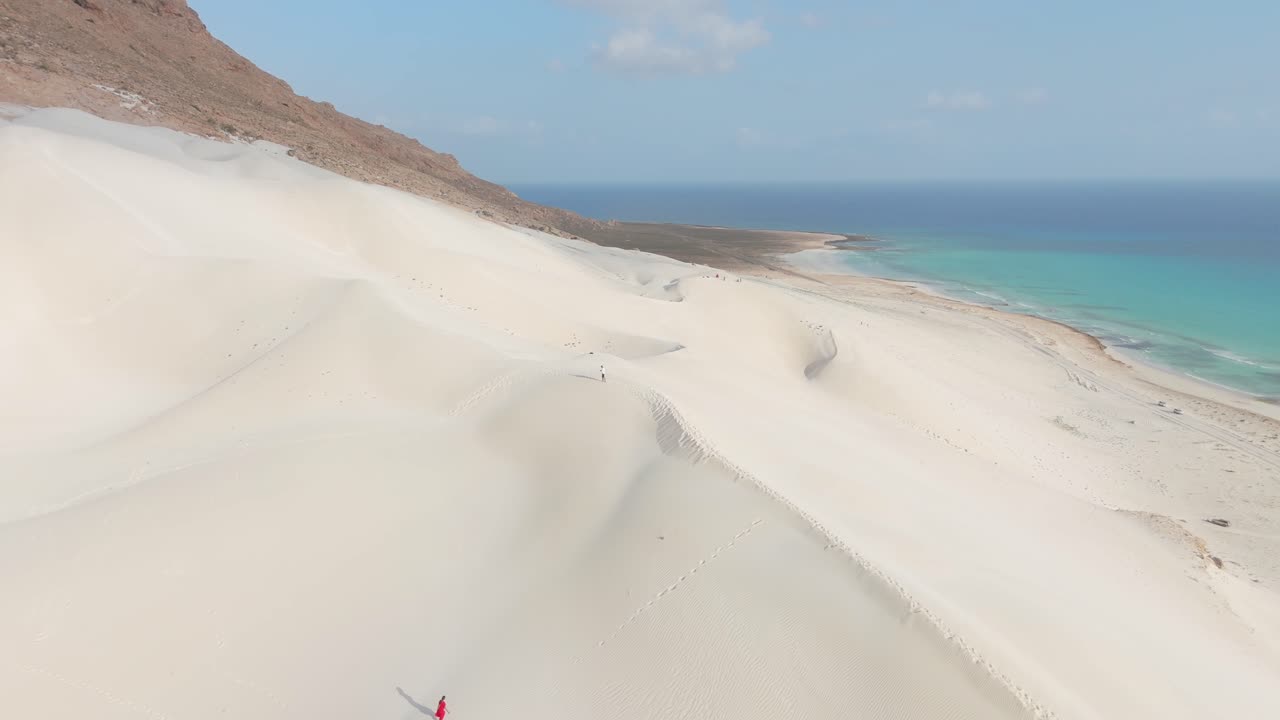 Panoramic View of White Sand Dunes Meeting a Turquoise Ocean Coastline