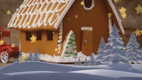 Animation-of-gold-stars-and-winter-snow-scene-over-christmas-gingerbread-house