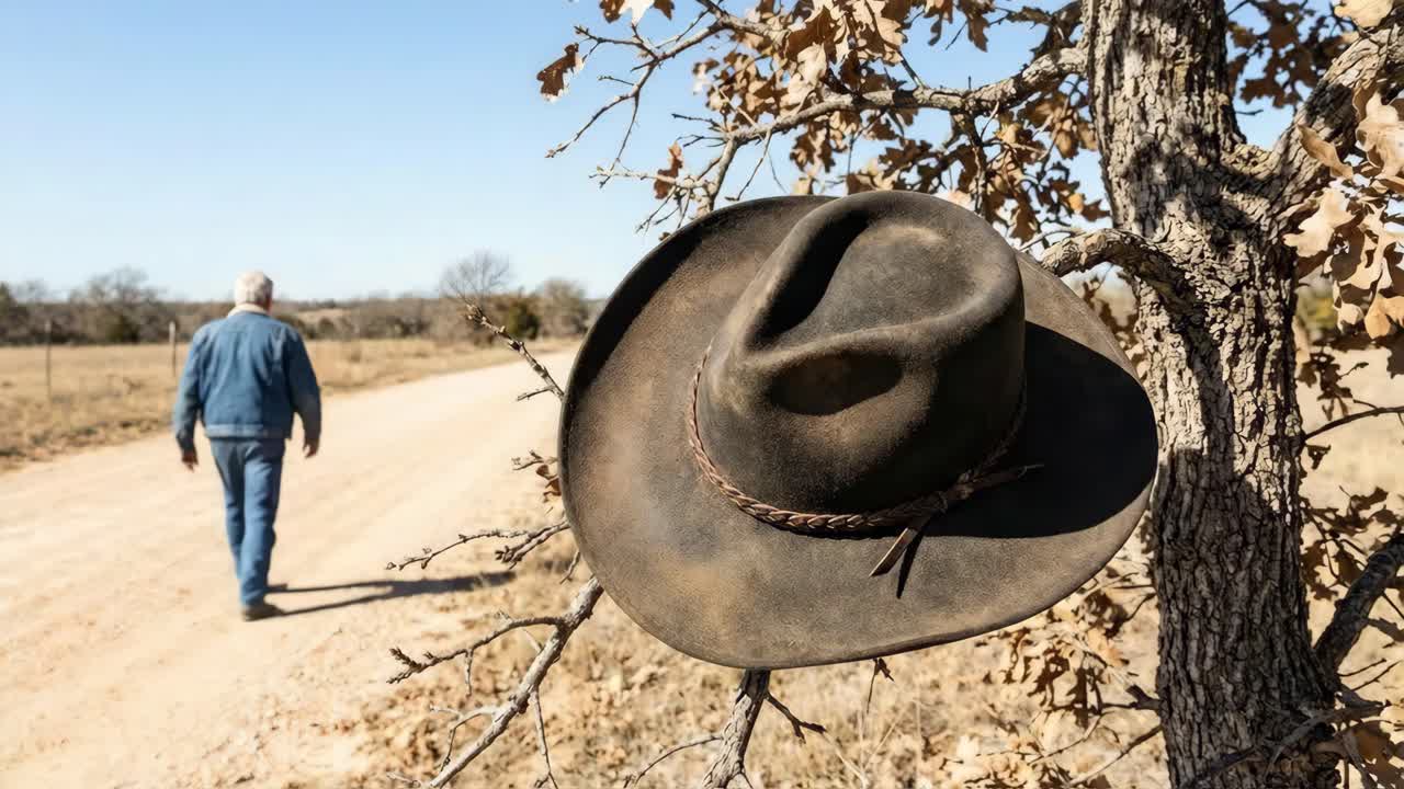 Un uomo cammina lungo una strada di campagna con un cappello da cowboy nelle vicinanze