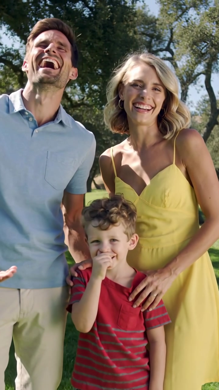 Vertical video: Laughing family of three posing for portrait on grass in park, yellow dress visible