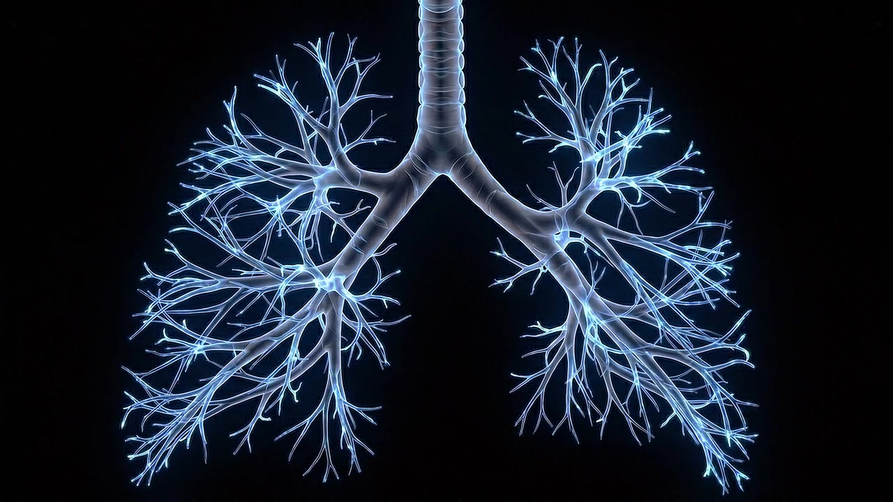 Albero bronchiale e vie aeree polmonari illuminati su sfondo blu scuro in visione medica