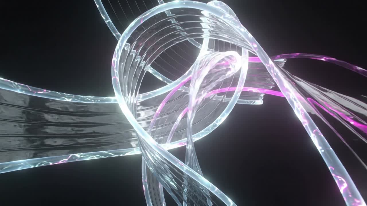 Camera shift starting rotating ribbons reshaping around loop against black, pink strand weaving
