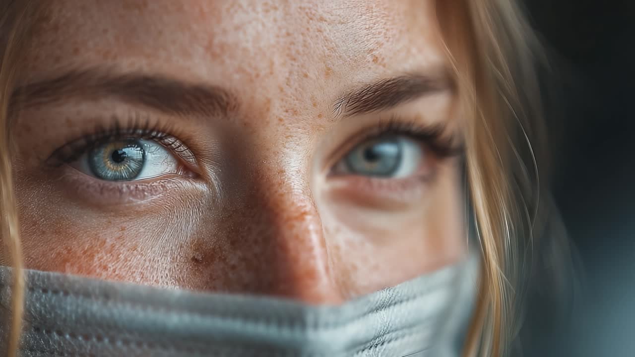 Un ritratto ravvicinato che cattura gli occhi azzurri penetranti di una giovane donna che indossa una mascherina, enfatizzando le sue lentiggini uniche e il suo spirito resiliente in tempi difficili.