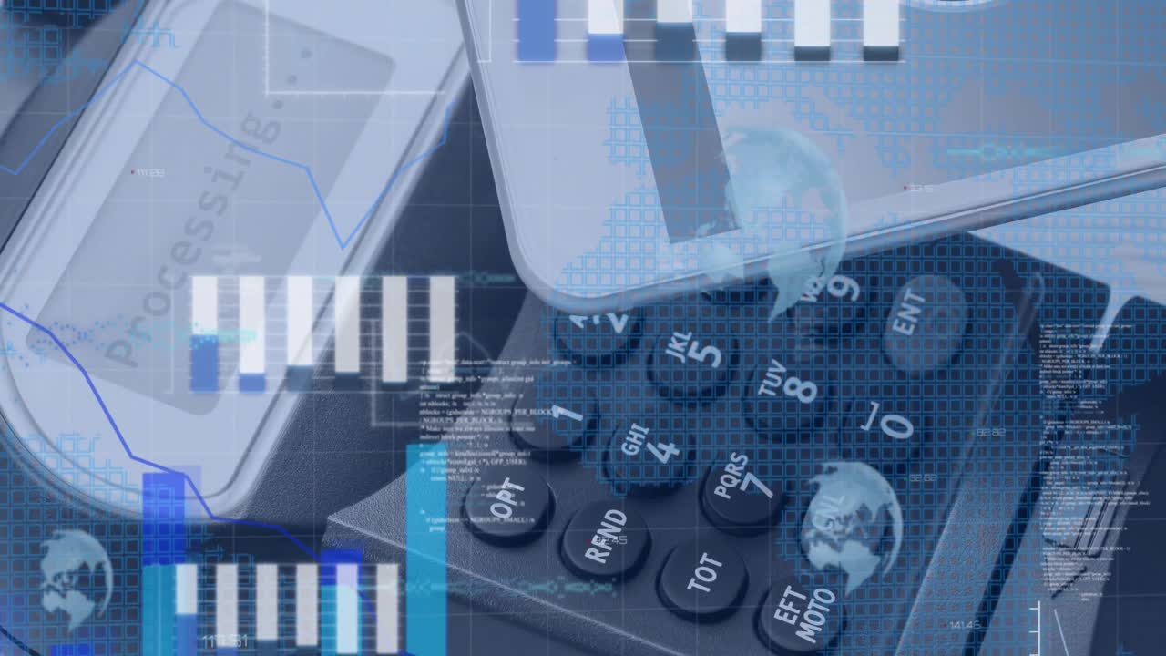 animación del procesamiento de datos estadísticos contra el teléfono inteligente haciendo un pago a través de la tecnología nfc