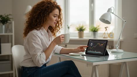 a young woman engaged in financial analysis while enjoying a cup of coffee in a bright, modern workspace, focusing on stock market trends on her tablet