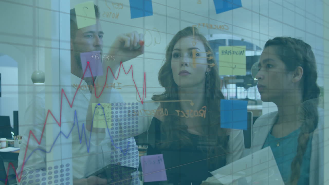 Analyzing graphs and notes, business team using transparent board in office