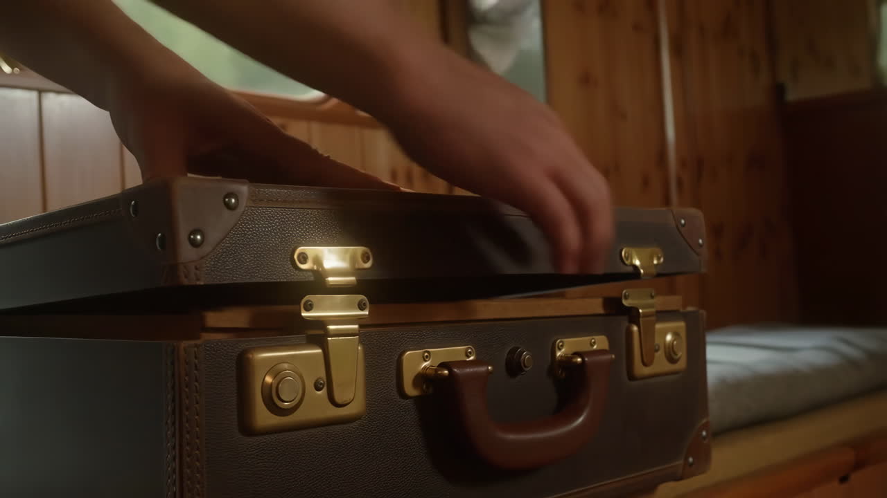 Hands Opening a Vintage Brown Leather Suitcase