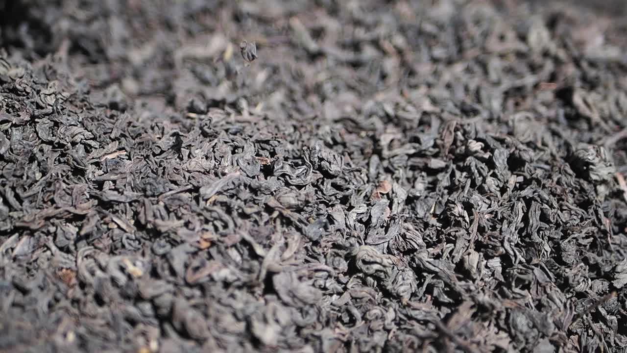 건조 된 검은 차 잎의 클로즈업