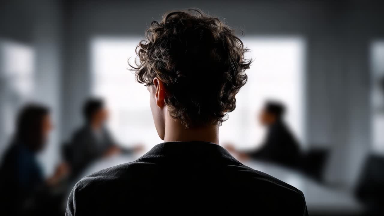 Un individuo pensieroso osserva una discussione di gruppo in uno spazio riunioni scarsamente illuminato, contemplando idee e reazioni da una posizione di tranquilla introspezione