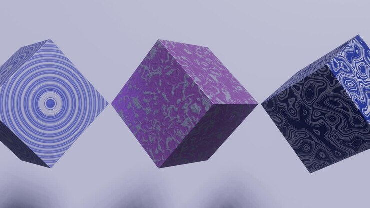 Animated cubes with abstract patterns on a violet background. Modern abstract seamless loop 3d animation