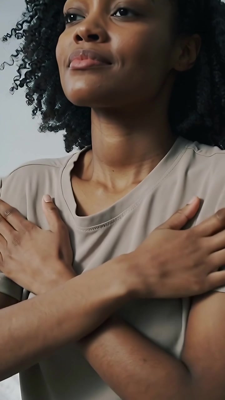 Video vertical: Abriendo los ojos, mujer con camiseta beige y pantalones de chándal grises ajustando su abrazo en la cama, con cordón.