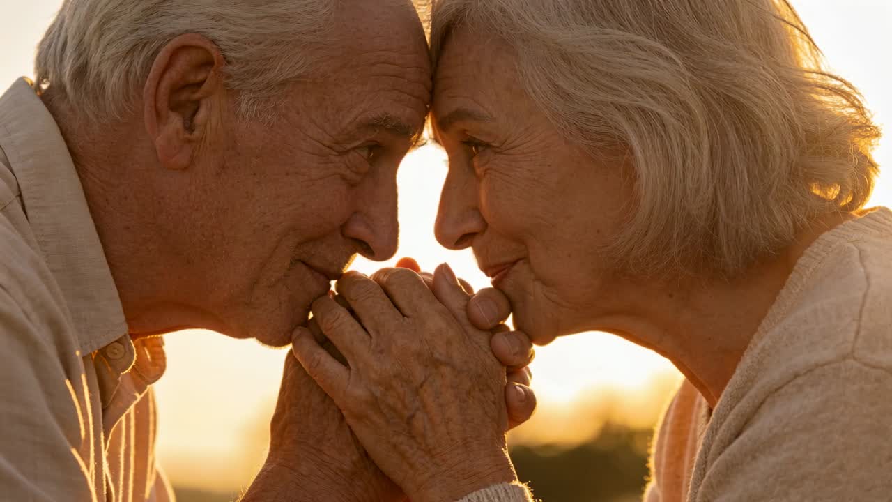 Coppia anziana appoggiata che si tiene per mano in camicie al parco, mentre la luce calda del tramonto li avvolge, condividendo amore.