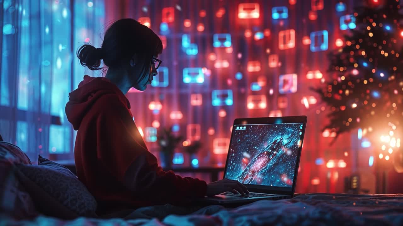 Person Using Laptop in a Cozy, Atmospheric Room with Colorful Lights