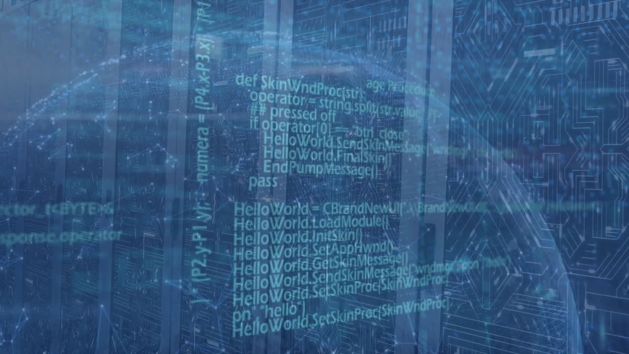 Animation of globe icon, network of connections and data processing against computer server room