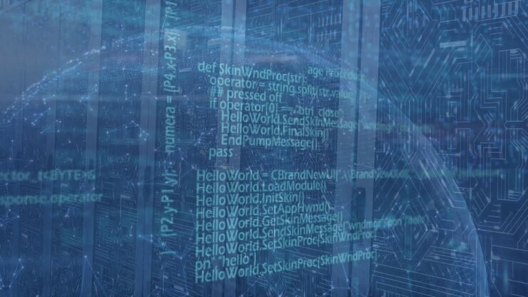 Animation of globe icon, network of connections and data processing against computer server room
