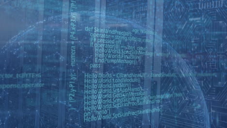animazione dell'icona del globo, rete di connessioni e elaborazione dei dati contro la sala server del computer.