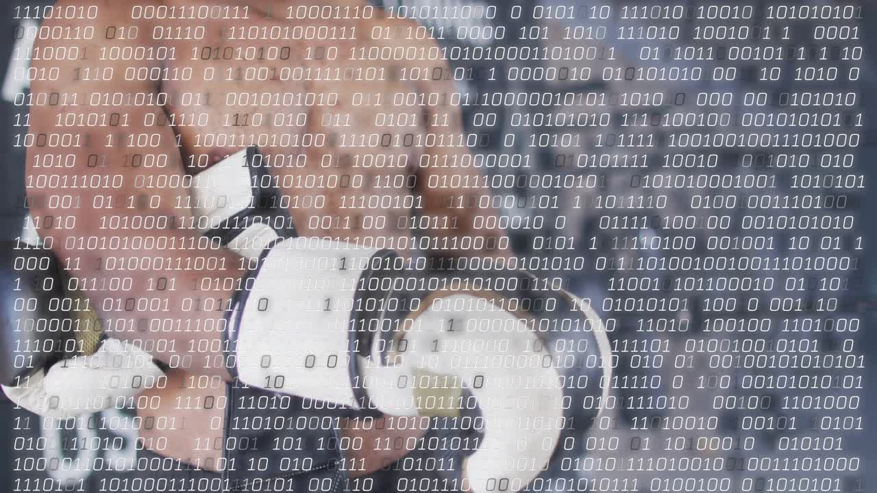 Animation of processing data over male boxer preparing gloves at gym
