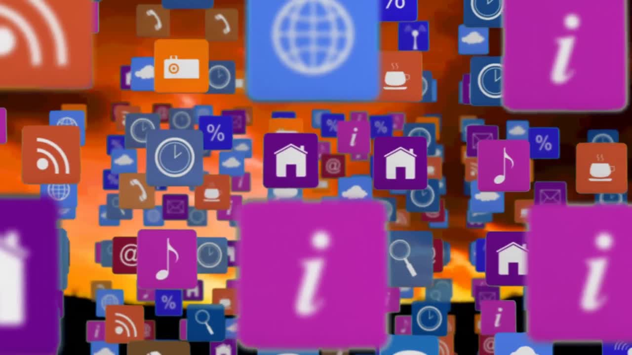 해가 지는 풍경 위에 떠다니는 디지털 아이콘의 애니메이션