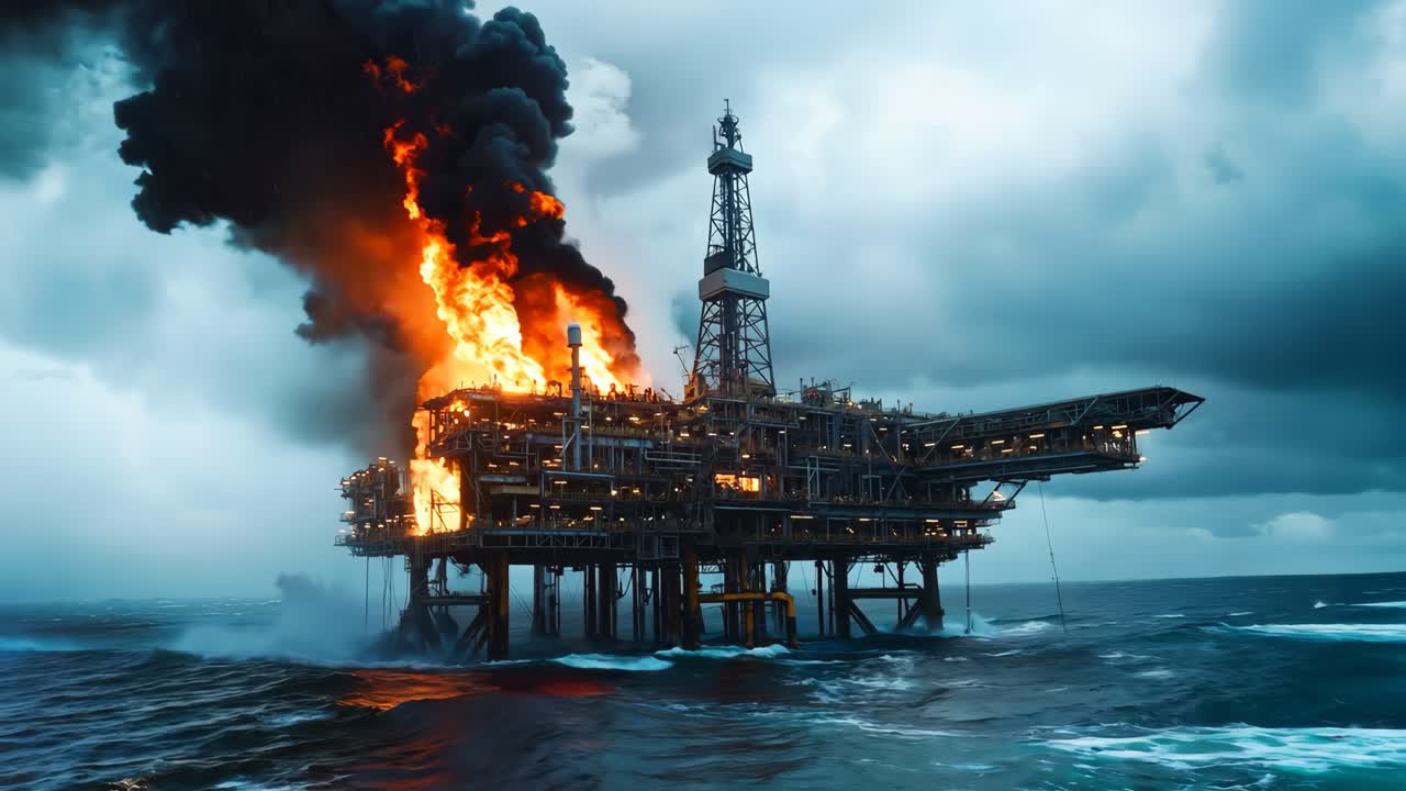 En olieboreplatform i brand midt på havet