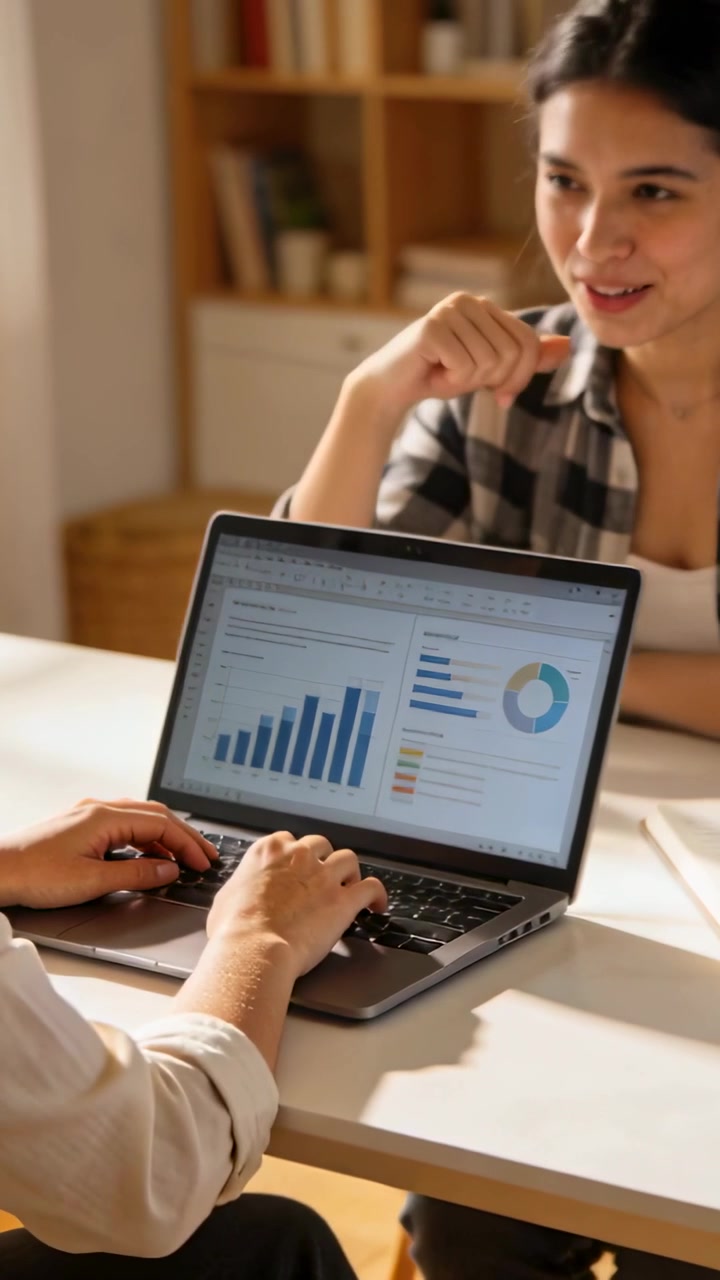 Vertical video: Pointing woman in plaid shirt at desk reading laptop charts and guiding peer typing