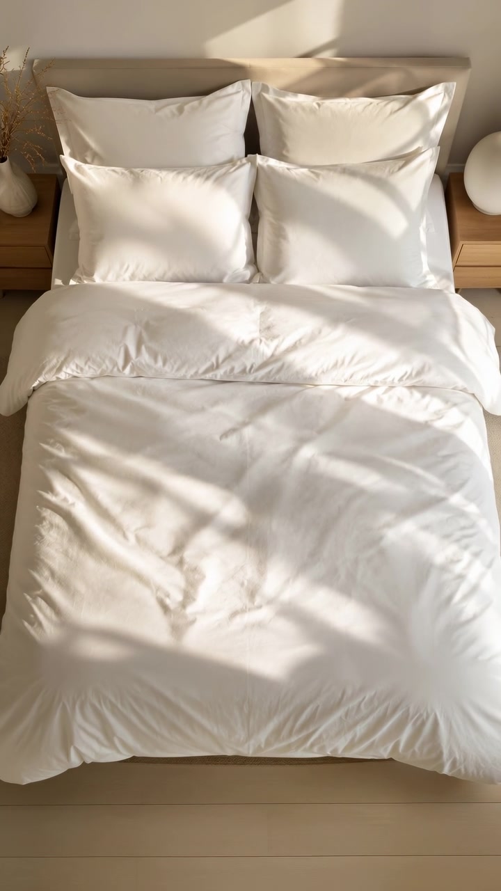Overhead view of neatly made double bed with four white pillows arranged two by two, soft diagonal sunlight shadows across duvet, beige upholstered headboard, and calm neutral bedroom styling