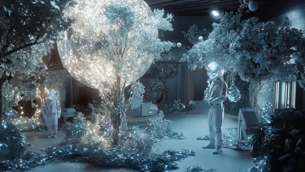 미래의 크리스탈 숲에서 우주 비행사