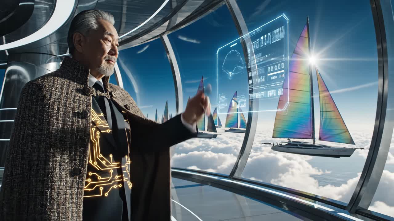 Futuristic scene with man using AR interface with sailboats in the background