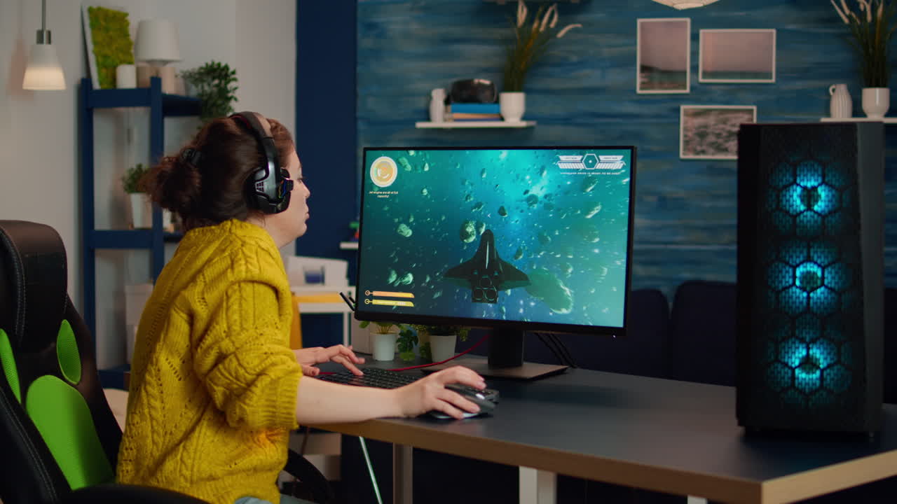 Joyful gamer celebrates victory winning shooter online video game