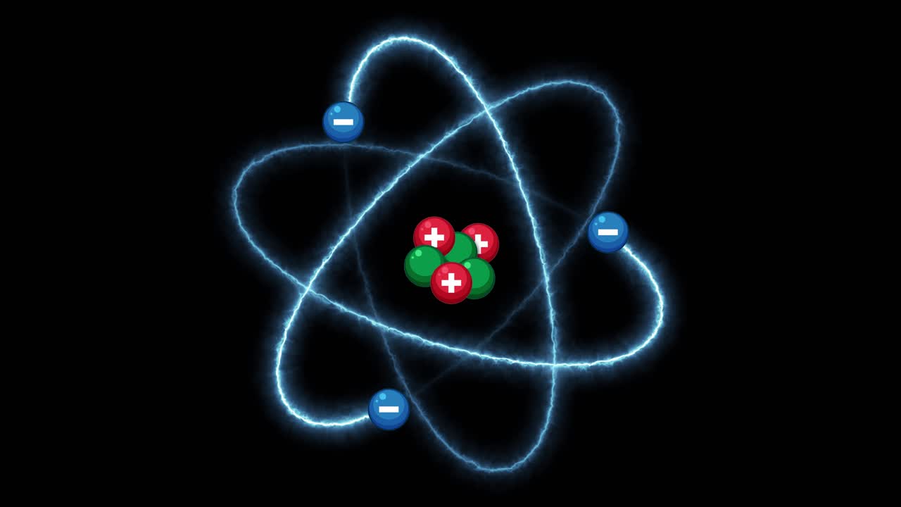 3D atom animation with nucleus, rotating electrons, glowing orbits, and dynamic camera zoom on black