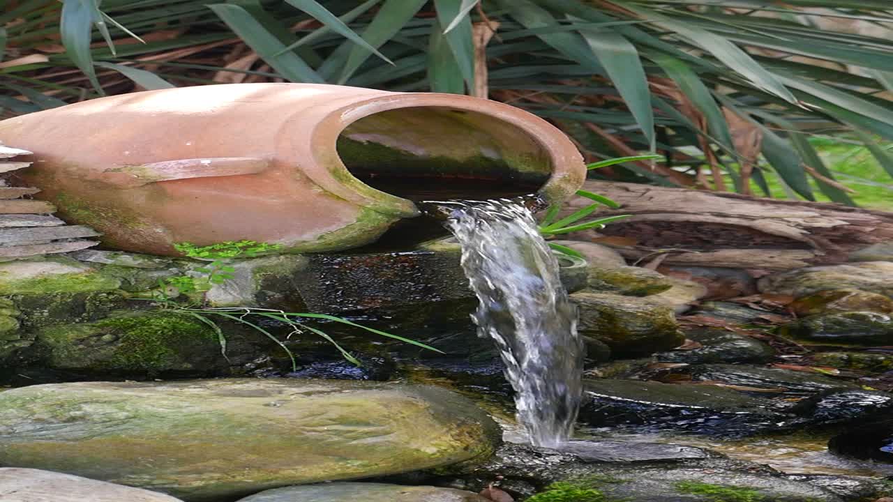 función de agua de terracota en el jardín