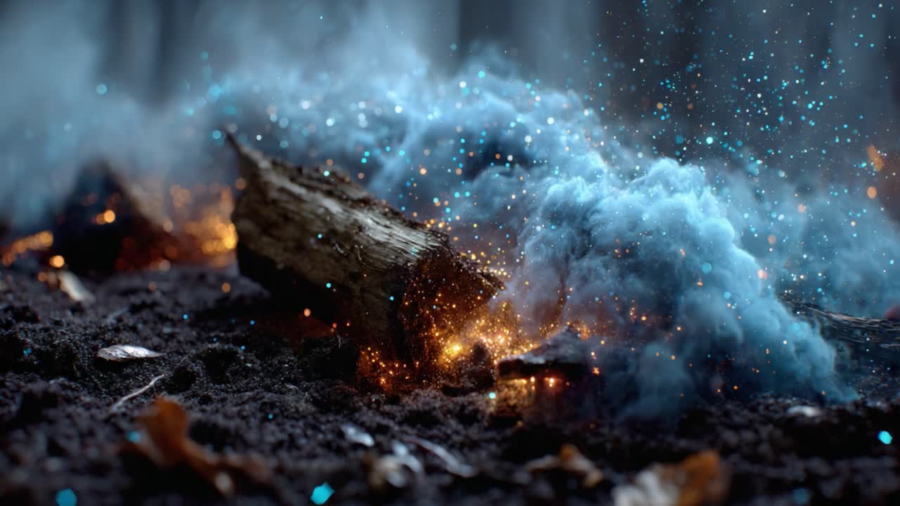 A Captivating Display of Enchantment: Emitting Sparks and Colorful Smoke from a Charred Log in the Mystical Forest Surroundings