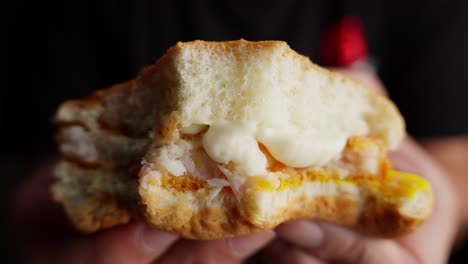 hamburguesa de pescado sabrosa con mayonesa y queso en la mano de la persona