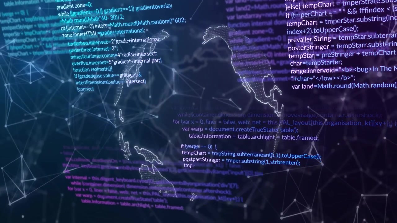 At start, 3D globe forming and rotating while code snippets scroll, visualizing digital network