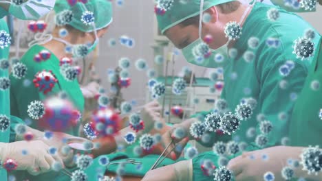 Animation-of-covid-19-virus-cells-over-surgeons-in-operating-theatre