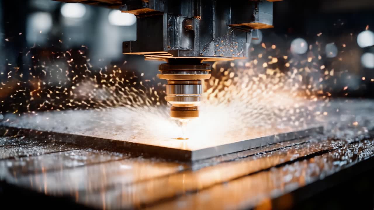Lavorazione di precisione in azione: Cattura della scintilla dinamica e del processo di modifica della superficie di una fresatrice CNC che taglia il metallo con intensità laser
