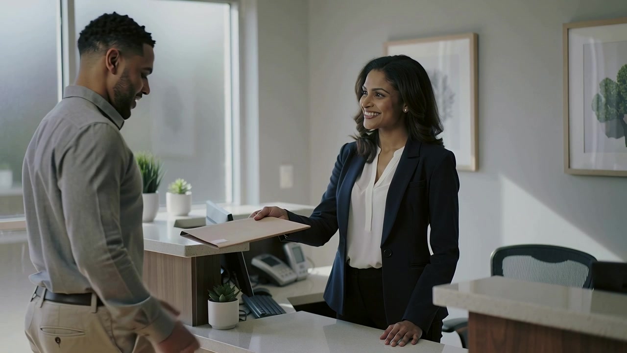 Extending receptionist in navy blazer handing manila folder at desk as man approaches, talking