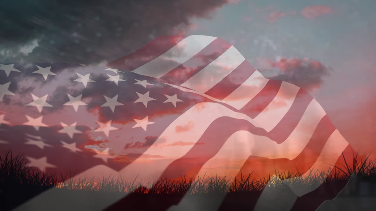 Bandiera americana e cielo con fuochi d'artificio