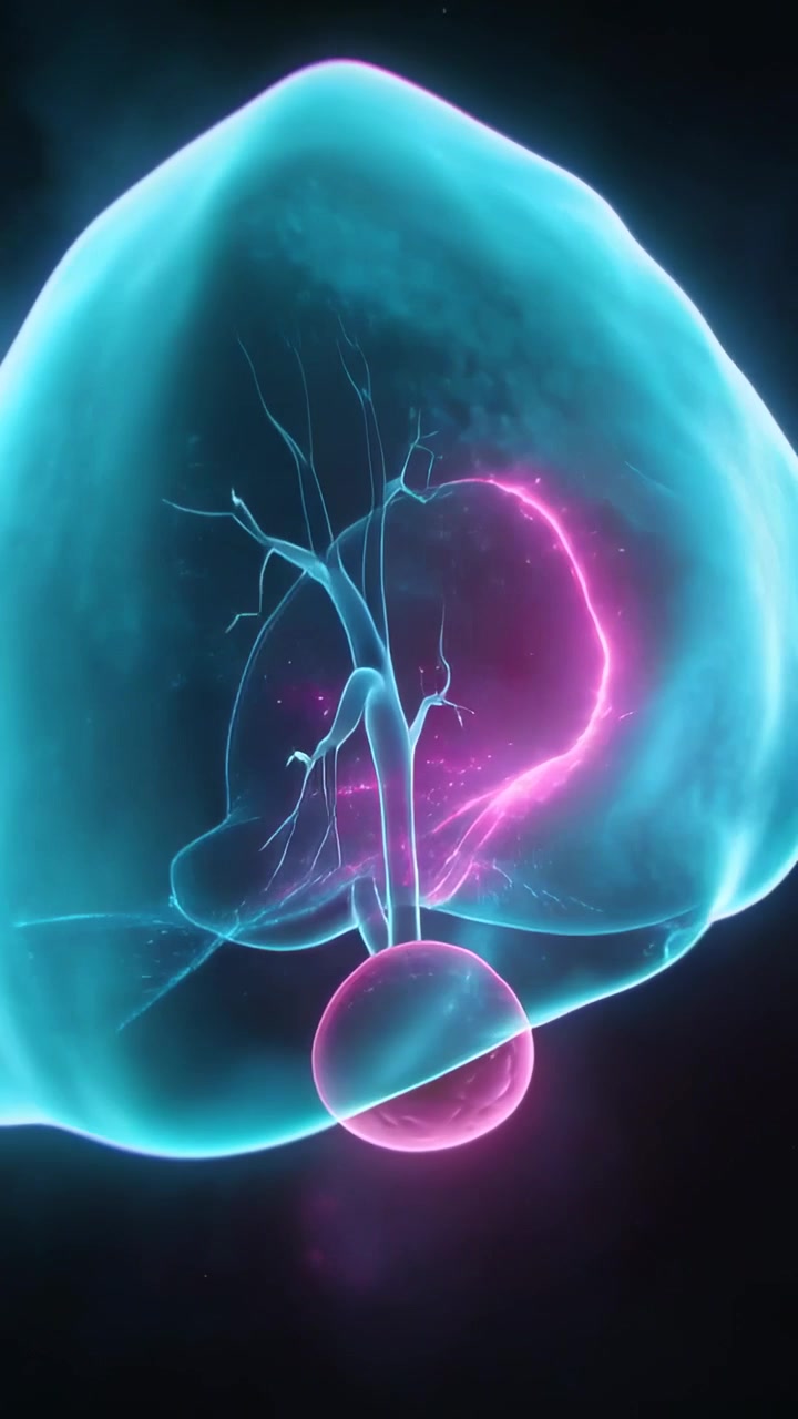 Vertical video: Camera orbiting, cyan organ pulsing magenta ducts, magenta sac in void for study