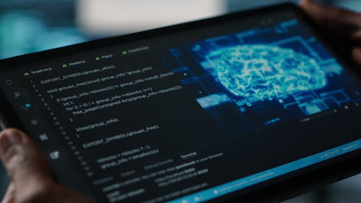 Programmer in data center using AI tech on tablet, close up
