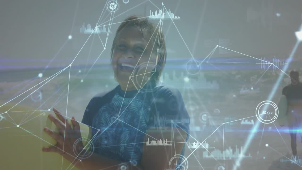 Adult man holding bodyboard at surf, using AR tech with floating network lines and graph data