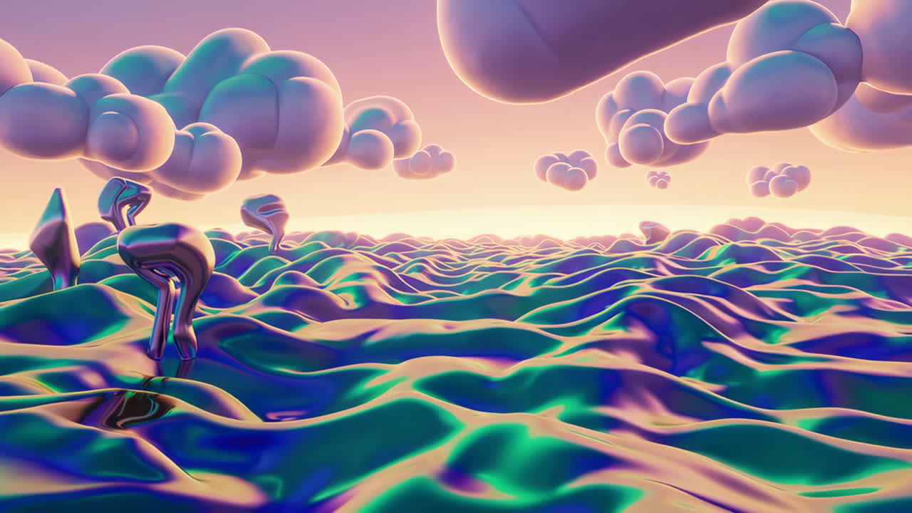 Iridescent Dreamscape with Metallic Forms and Soft Clouds