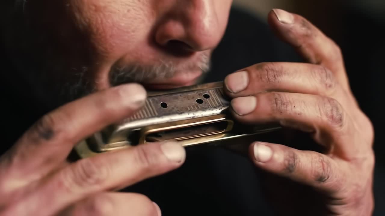 A Passionate Harmonica Player Enveloped in the Art of Music, Showing Emotion Through Each Breath and Note, Captured in Two Frames